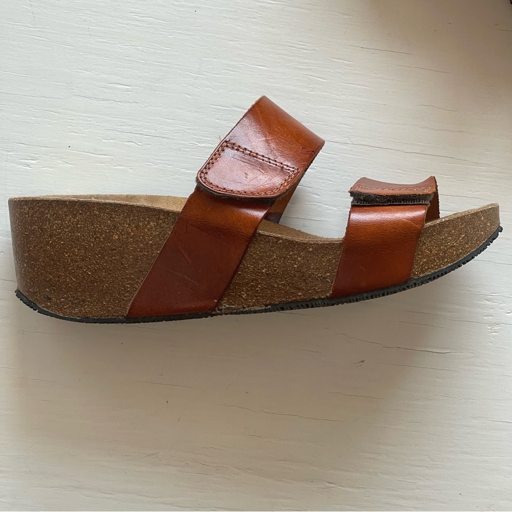 Size 40- Women’s Lola Sabbia Cork Camel Leather Adjustable Strap Wedge Sandals - Picture 5 of 12
